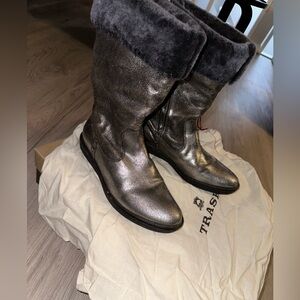 TRASK Metallic Suede Shearling Mid-Calf Boots